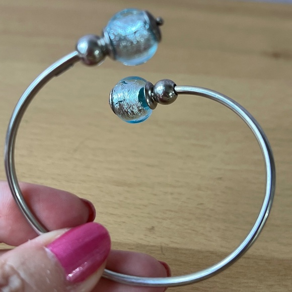 VINTAGE STERLING SILVER COIL WRAP CUFF BRACELET FROSTED AQUA BLUE MURANO GLASS - Picture 13 of 16